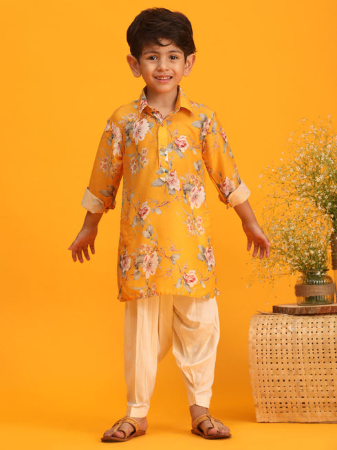 Boy's Yellow Floral Printed Kurta With Cream Solid Pyjama Set