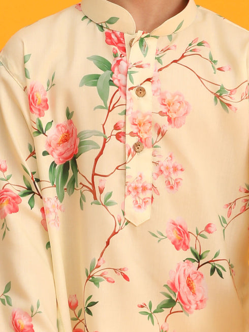 Boy's Yellow Floral Printed Kurta With Cream Solid Pyjama Set