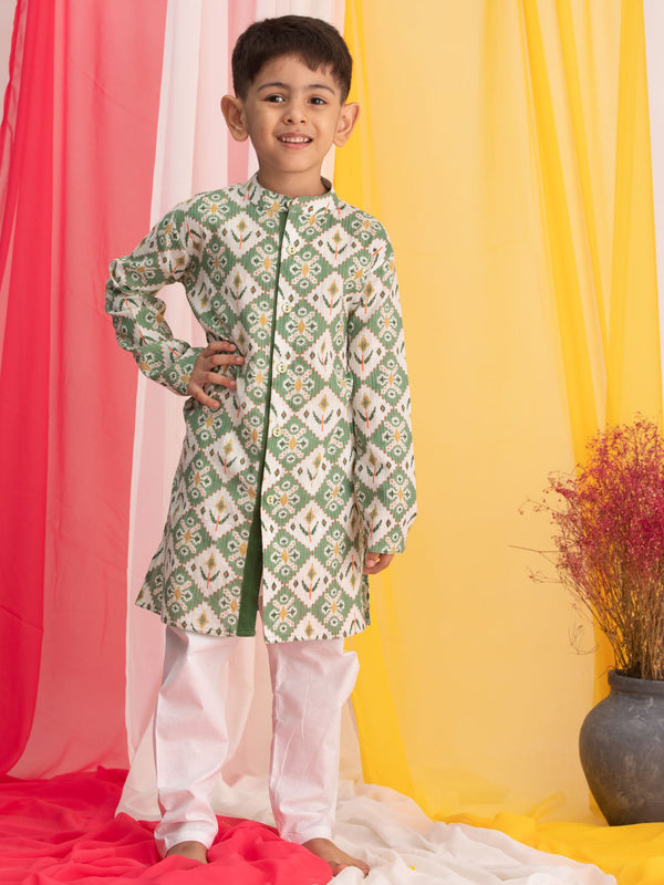Boy's Green Ikkat Print Front Open Kurta With Pyjama Set