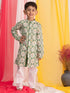 Boy's Green Ikkat Print Front Open Kurta With Pyjama Set