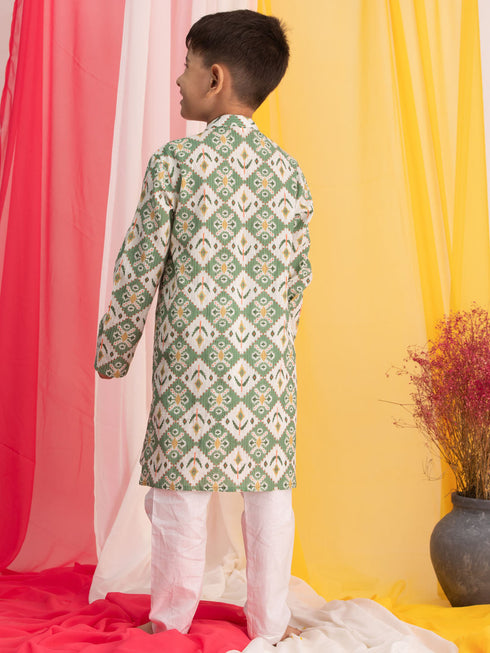 Boy's Green Ikkat Print Front Open Kurta With Pyjama Set