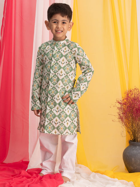 Boy's Green Ikkat Print Front Open Kurta With Pyjama Set