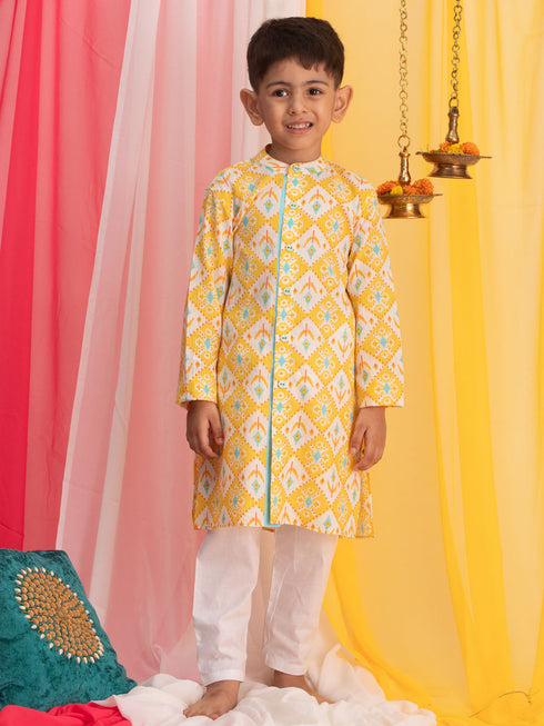Boy's Yellow Ikkat Print Front Open Kurta With Pyjama Set
