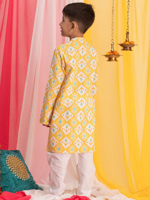 Boy's Yellow Ikkat Print Front Open Kurta With Pyjama Set