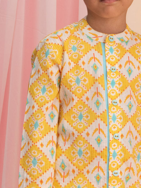 Boy's Yellow Ikkat Print Front Open Kurta With Pyjama Set