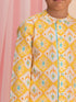 Boy's Yellow Ikkat Print Front Open Kurta With Pyjama Set