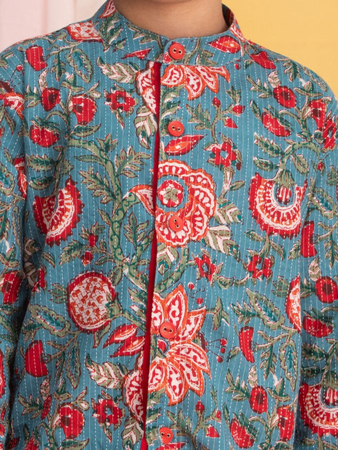 Boy's Blue Floral Print Front Open Kurta With Pyjama Set
