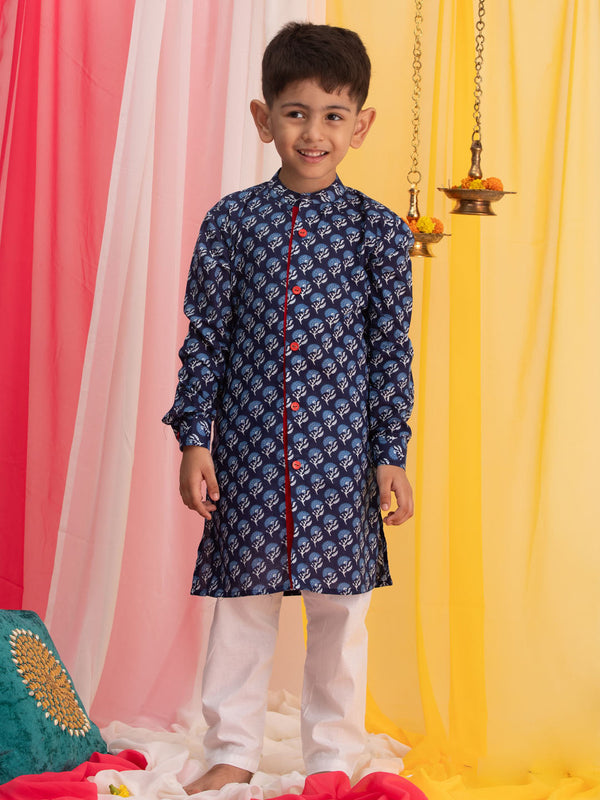 Boy's Blue Floral Printed Front Open Kurta With Pyjama Set