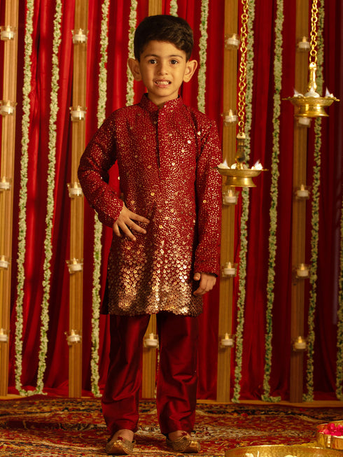 Boy's' Maroon Sequin With Zari Worked Georgette Kurta Pyjama Set