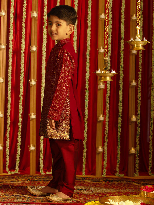 Boy's' Maroon Sequin With Zari Worked Georgette Kurta Pyjama Set