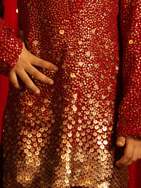 Boy's' Maroon Sequin With Zari Worked Georgette Kurta Pyjama Set