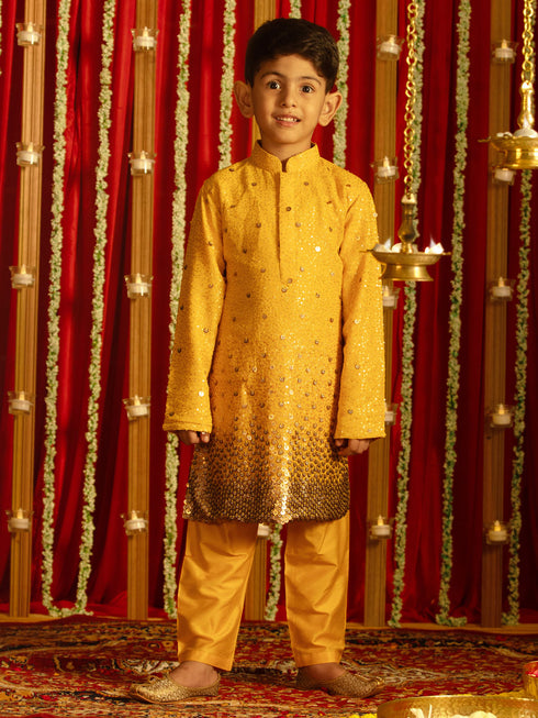 Boy's' Yellow Sequin With Zari Worked Georgette Kurta Pyjama Set