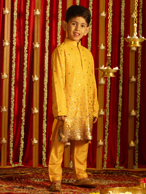 Boy's' Yellow Sequin With Zari Worked Georgette Kurta Pyjama Set