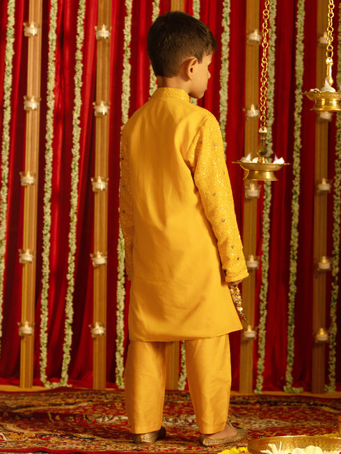 Boy's' Yellow Sequin With Zari Worked Georgette Kurta Pyjama Set
