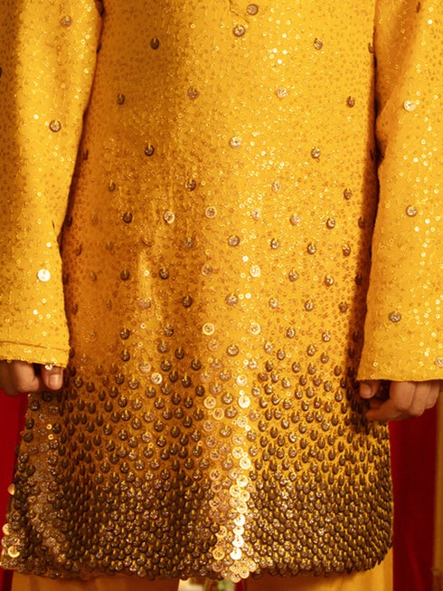 Boy's' Yellow Sequin With Zari Worked Georgette Kurta Pyjama Set