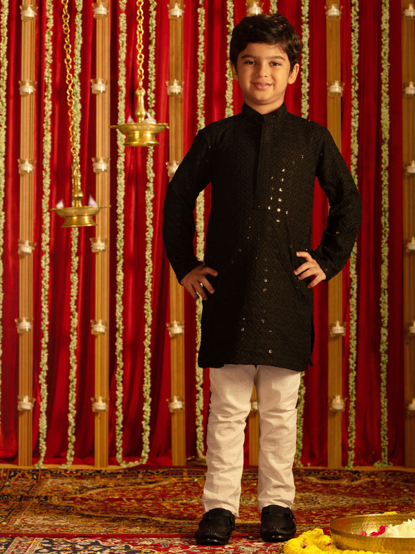 Boy's' Black And White Schiffli Kurta Pyjama Set