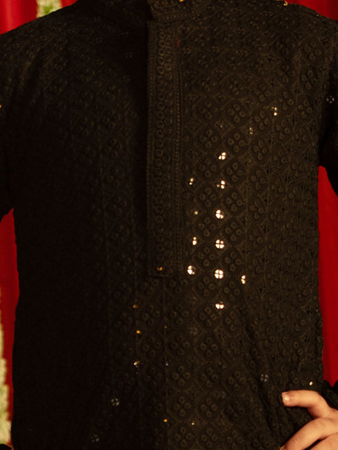 Boy's' Black And White Schiffli Kurta Pyjama Set