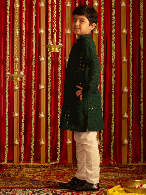 Boy's' Green And White Schiffli Kurta Pyjama Set