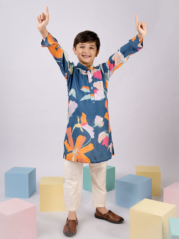 Boy's Blue Floral Printed Pure Viscose Kurta Pyjama Set