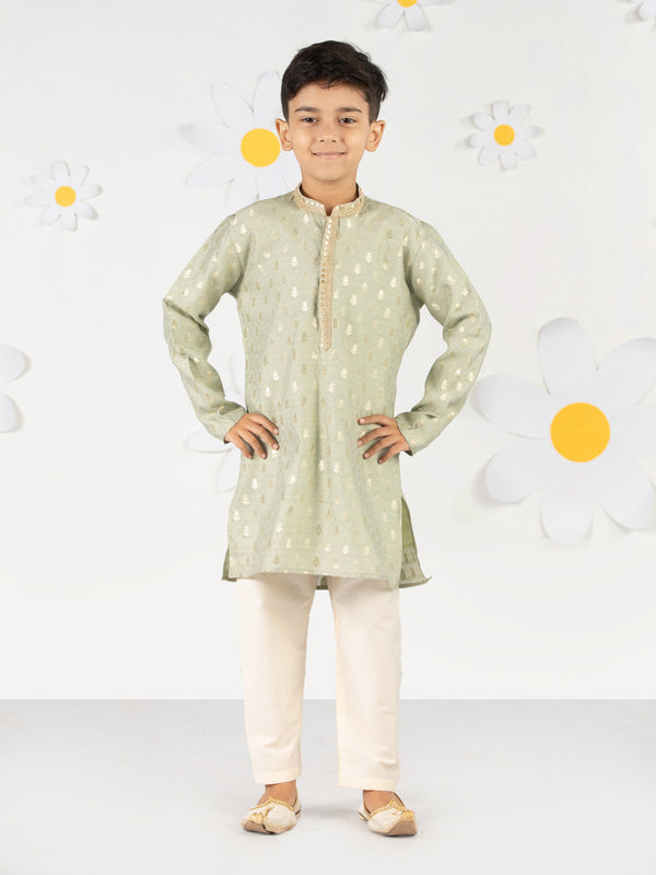 Boy's Mint Green Silk Kurta Pyjama Set