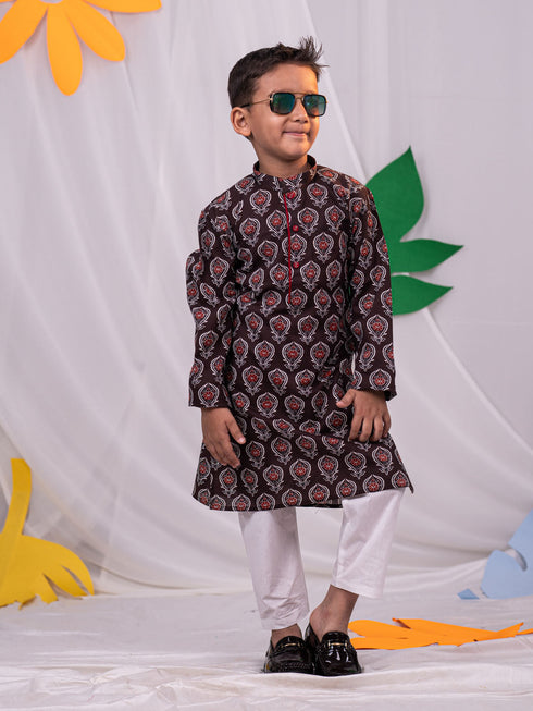 Boy's' Brown Printed Kurta Pyjama Set