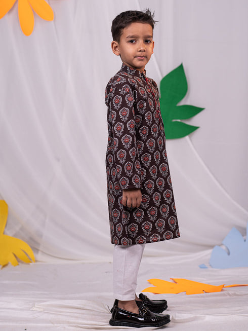 Boy's' Brown Printed Kurta Pyjama Set