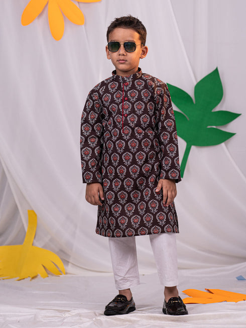 Boy's' Brown Printed Kurta Pyjama Set