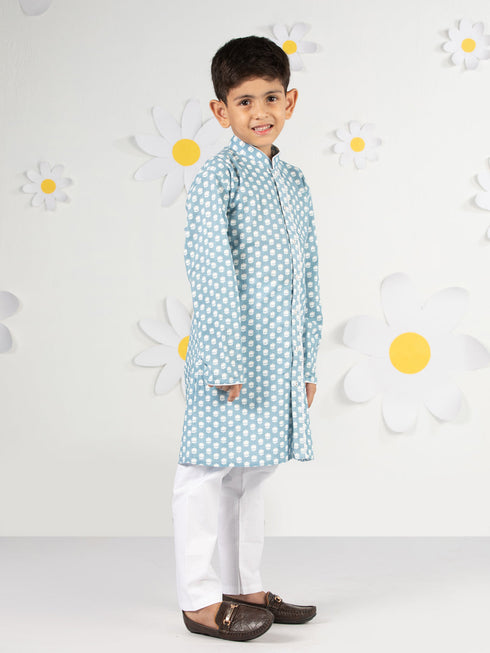 Boy's' Blue And White Kurta Pyjama Set