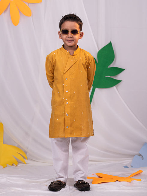 Boy's' Mustard Self Design Kurta Pyjama Set