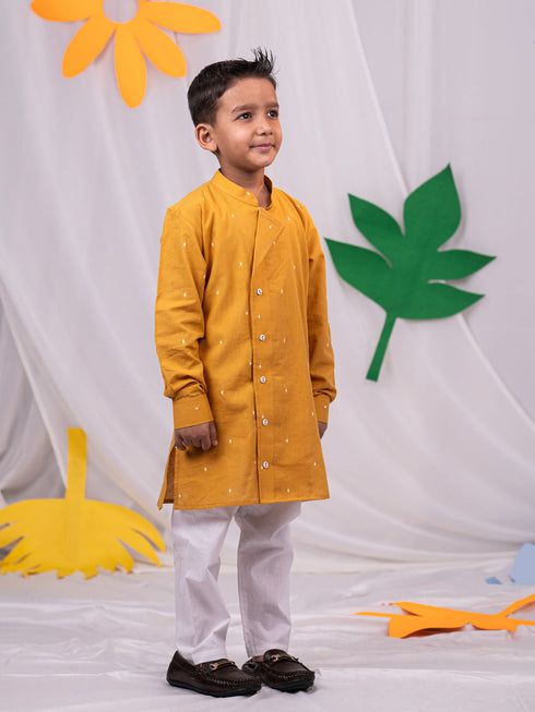 Boy's' Mustard Self Design Kurta Pyjama Set