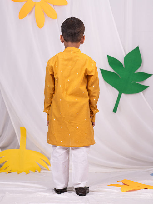Boy's' Mustard Self Design Kurta Pyjama Set