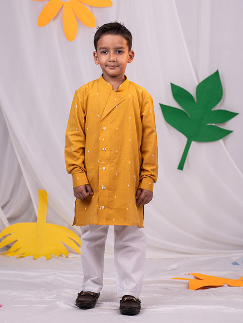 Boy's' Mustard Self Design Kurta Pyjama Set