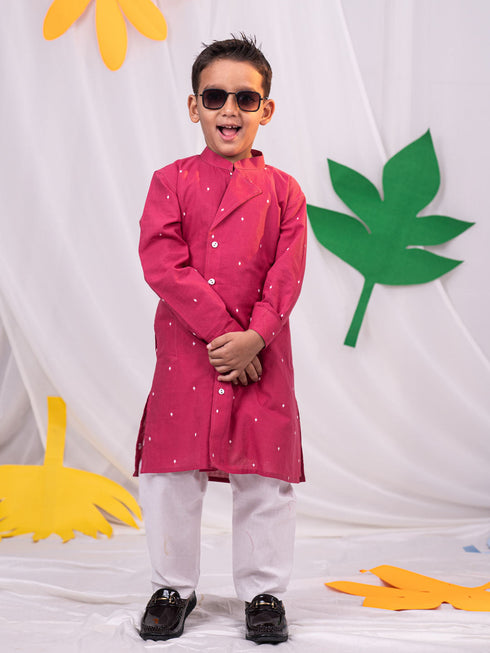 Boy's' Pink Self Design Kurta Pyjama Set