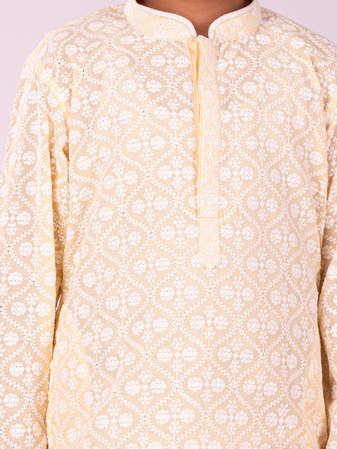 Boy's' Yellow Chikankari Worked Cotton Kurta Pyjama Set