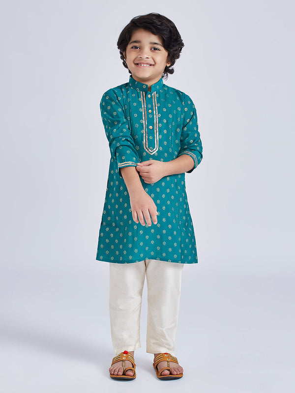 Boy's' Green And Cream Kurta Pyjama Set