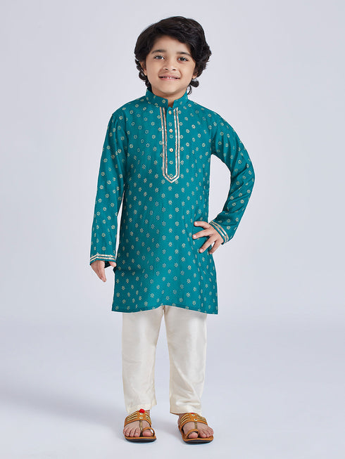 Boy's' Green And Cream Kurta Pyjama Set