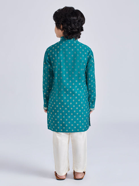 Boy's' Green And Cream Kurta Pyjama Set