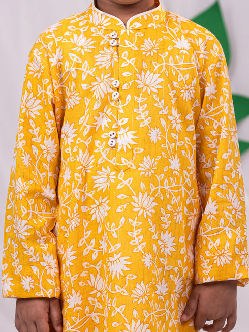 Boy's' Yellow And White Kurta And Pyjama Set
