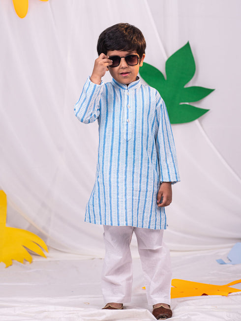 Boy's' Blue And White Kurta And Pyjama Set