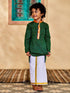 Infant Boy's' Green And White Cotton Blend Kurta And Mundu Set