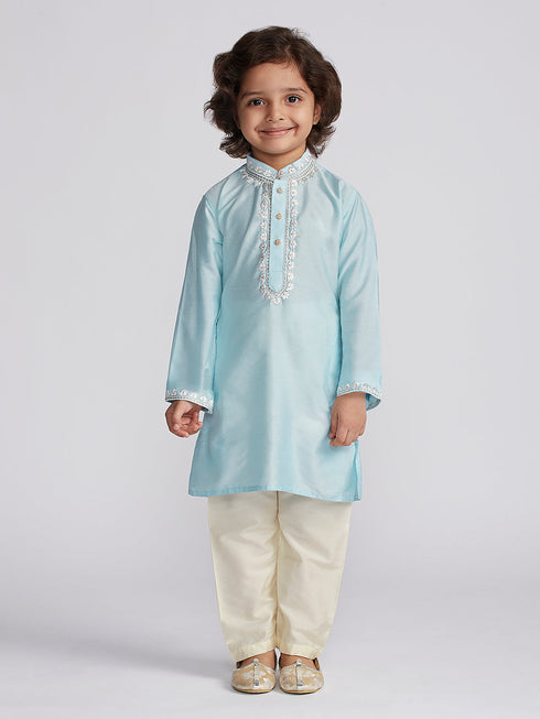 Boy's' Aqua And Cream Kurta And Pyjama Set