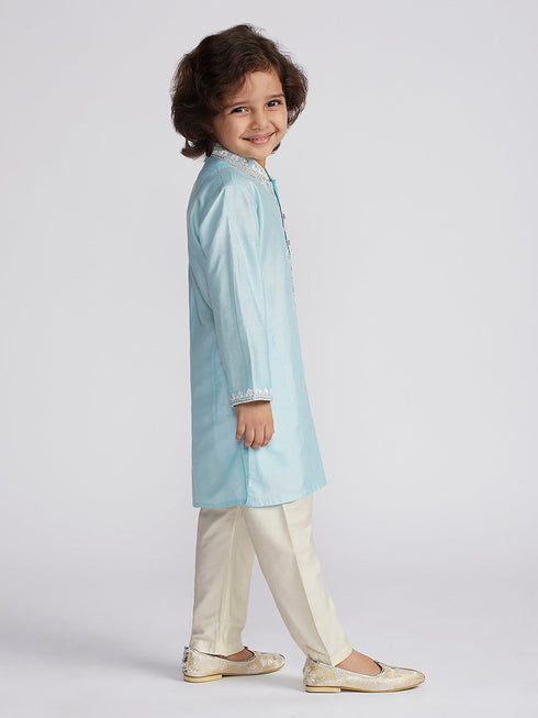 Boy's' Aqua And Cream Kurta And Pyjama Set