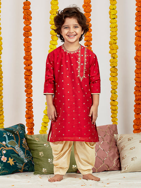 Boy's' Red And Gold Kurta And Dhoti Set