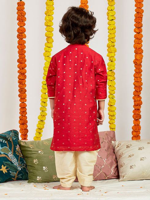 Boy's' Red And Gold Kurta And Dhoti Set