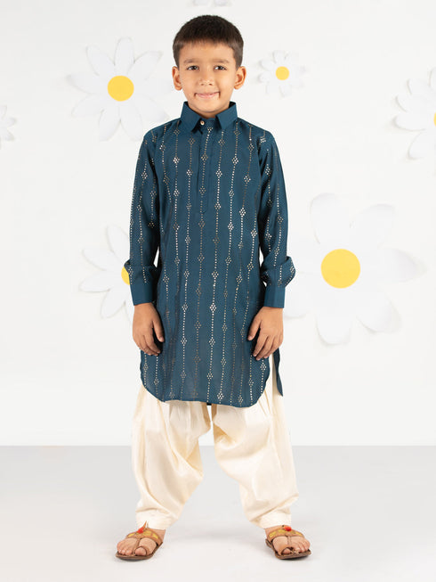 Boy's Turquoise Kurta Set With Cream Patiala