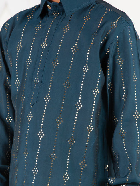 Boy's Turquoise Kurta Set With Cream Patiala