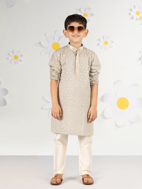 Boy's Grey Kurta Pyjama Set With Sequin Embroidery