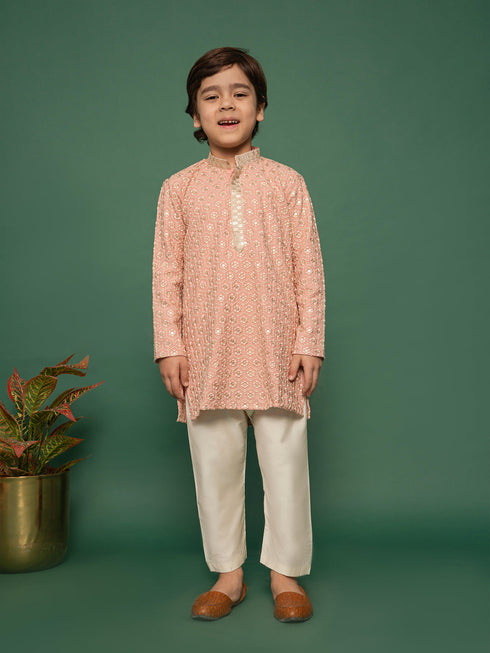 Boy's Peach Kurta And Pyjama Set
