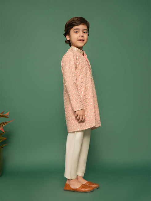 Boy's Peach Kurta And Pyjama Set