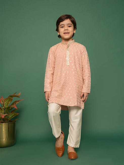 Boy's Peach Kurta And Pyjama Set